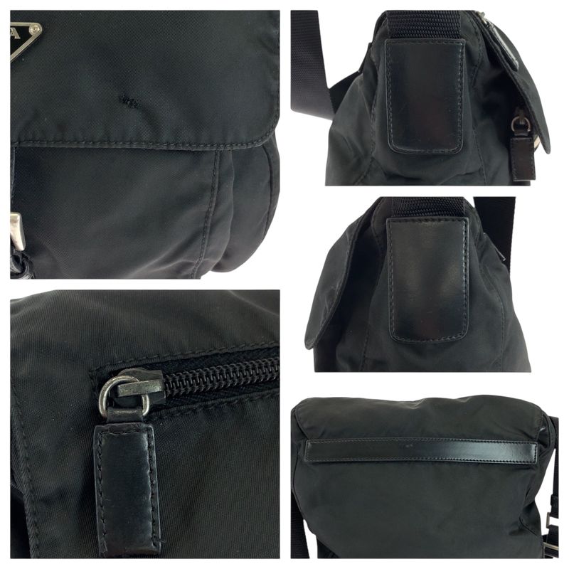 Prada Tessuto Triangle Logo Plate Black Silver Hardware Nylon Shoulder Bag