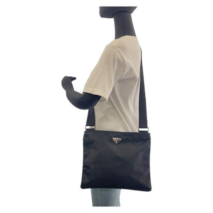 Prada Tessuto Triangle Logo Plate Black Silver Hardware Nylon Shoulder Bag