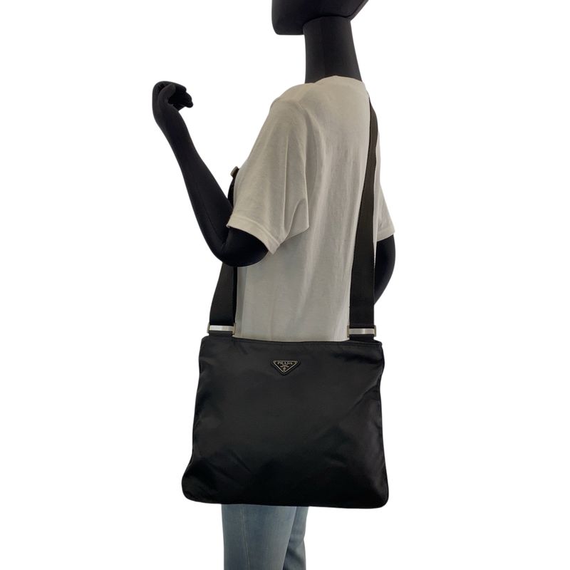 Prada Tessuto Triangle Logo Plate Black Silver Hardware Nylon Shoulder Bag