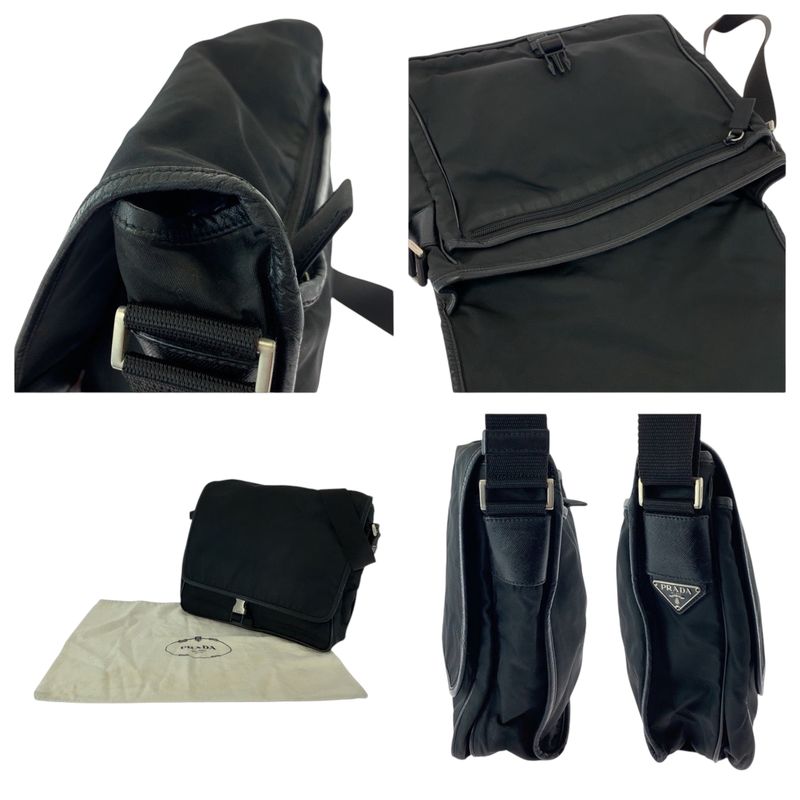 Prada Tessuto Triangle Logo Plate Black Silver Hardware V166 Shoulder Bag