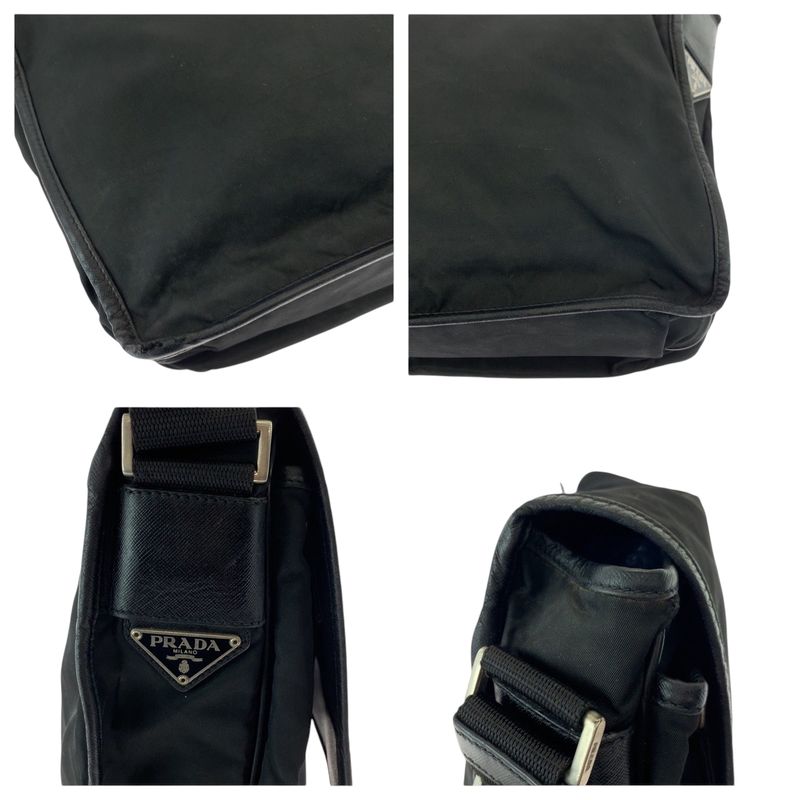Prada Tessuto Triangle Logo Plate Black Silver Hardware V166 Shoulder Bag