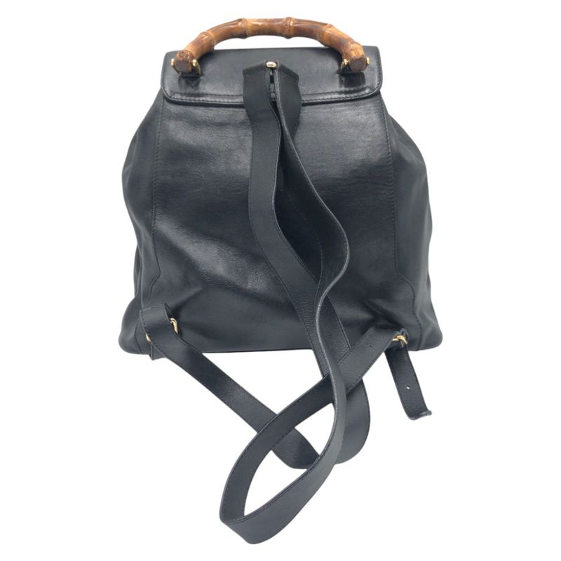 Gucci Bamboo Black Leather 003 1998 0016 Rucksack Backpack Unisex Ladies 506704