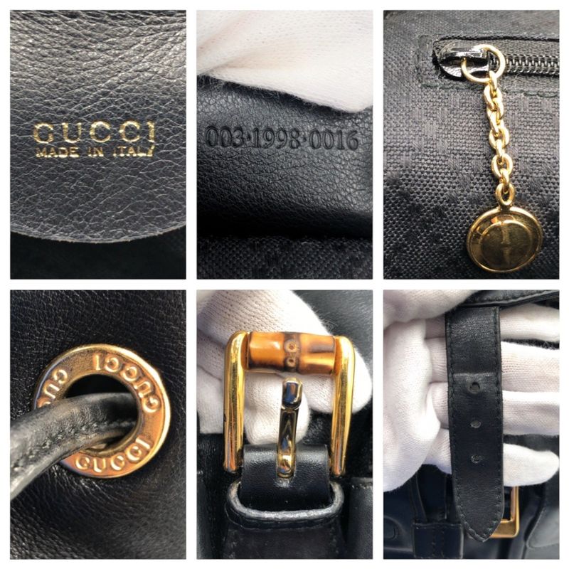 Gucci Bamboo Black Leather 003 1998 0016 Rucksack Backpack Unisex Ladies 506704