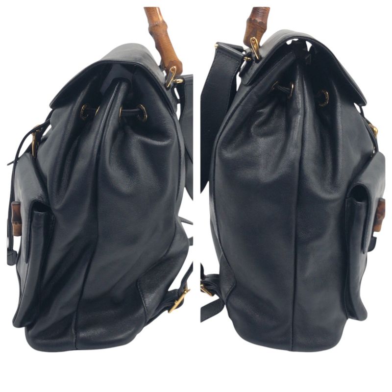 Gucci Bamboo Black Leather 003 1998 0016 Rucksack Backpack Unisex Ladies 506704