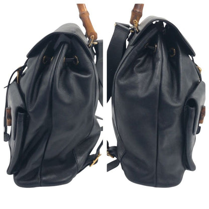 Gucci Bamboo Black Leather 003 1998 0016 Rucksack Backpack Unisex Ladies 506704