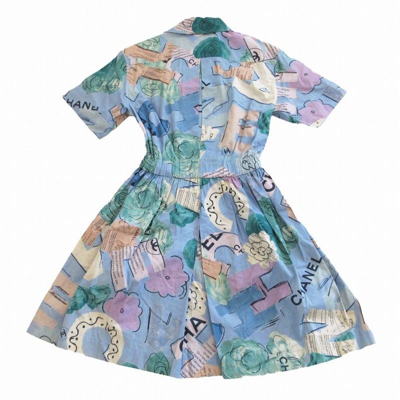 Chanel Vintage 90's Camellia Shirt Dress Logo Coco Mark Gold Button Short