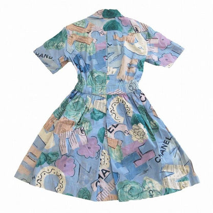 Chanel Vintage 90's Camellia Shirt Dress Logo Coco Mark Gold Button Short