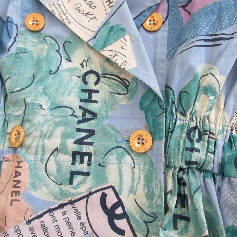 Chanel Vintage 90's Camellia Shirt Dress Logo Coco Mark Gold Button Short