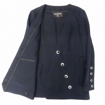 Chanel Collarless Jacket Blue Leather Coco Mark Button 2013-14 Cruise Collection