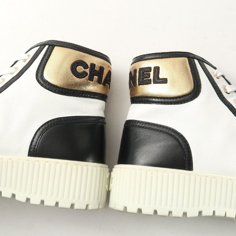 Chanel Sneakers 35 C CC Logo High Cut Leather Shoes White Black