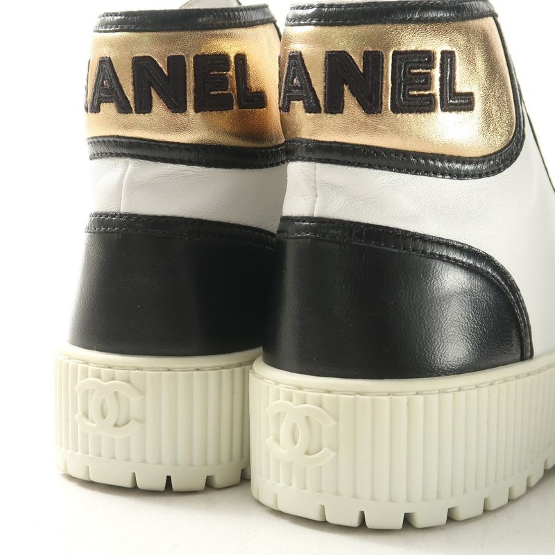 Chanel Sneakers 35 C CC Logo High Cut Leather Shoes White Black