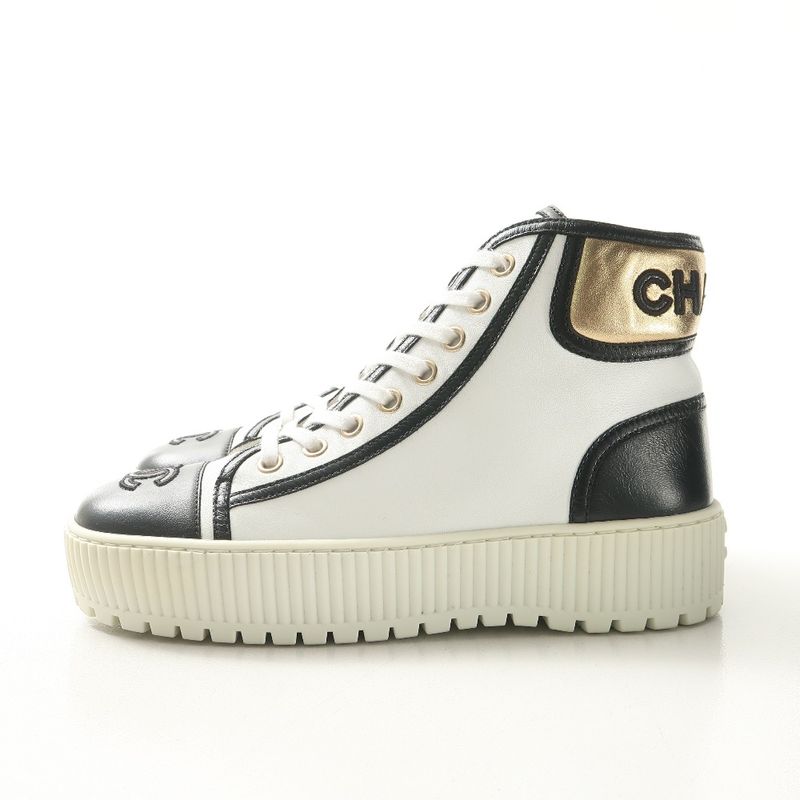 Chanel Sneakers 35 C CC Logo High Cut Leather Shoes White Black