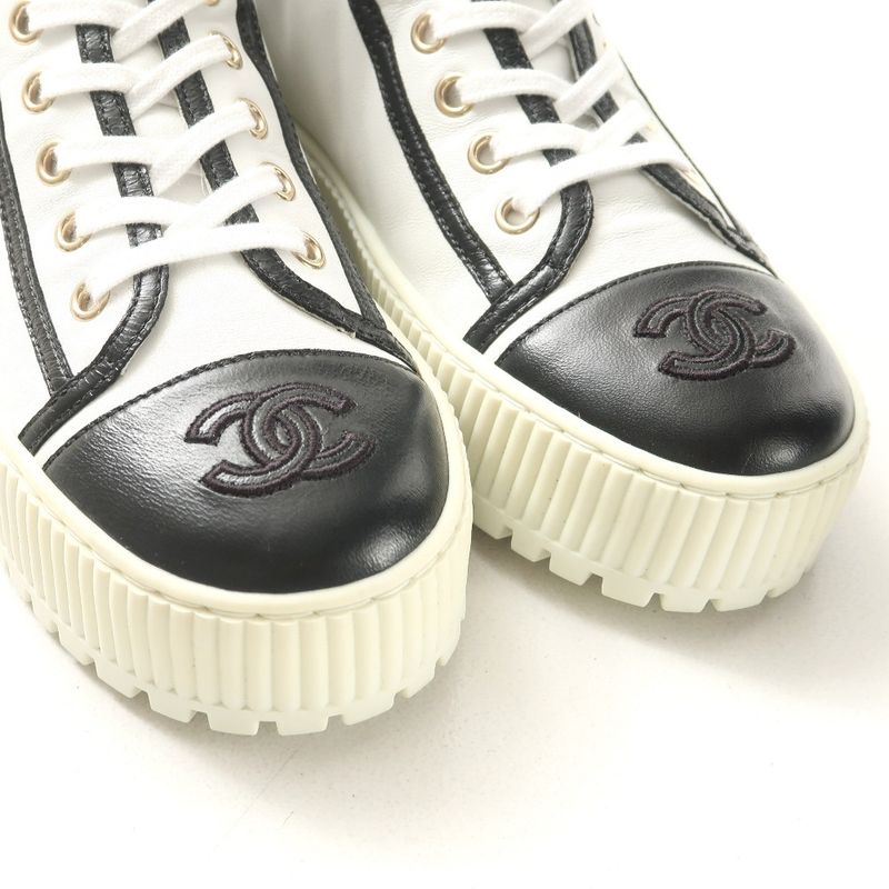 Chanel Sneakers 35 C CC Logo High Cut Leather Shoes White Black