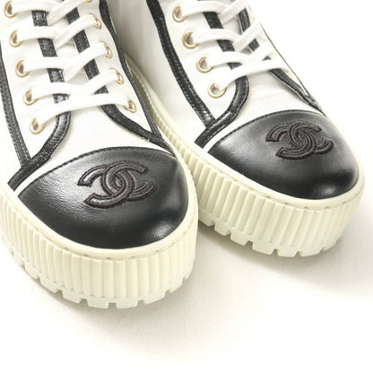 Chanel Sneakers 35 C CC Logo High Cut Leather Shoes White Black