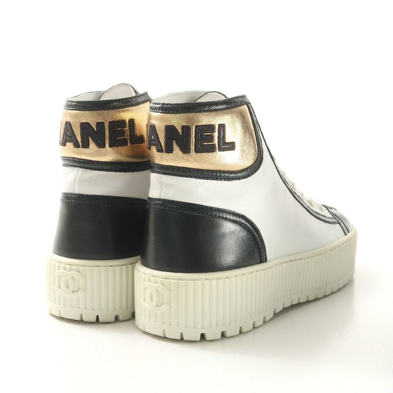 Chanel Sneakers 35 C CC Logo High Cut Leather Shoes White Black
