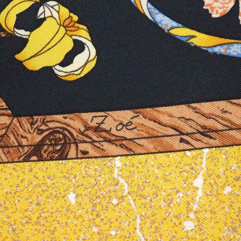 Hermes Carre 90 Pierres D' Orient ET D' Occident Oriental Stone and Western Black Yellow Multicolor