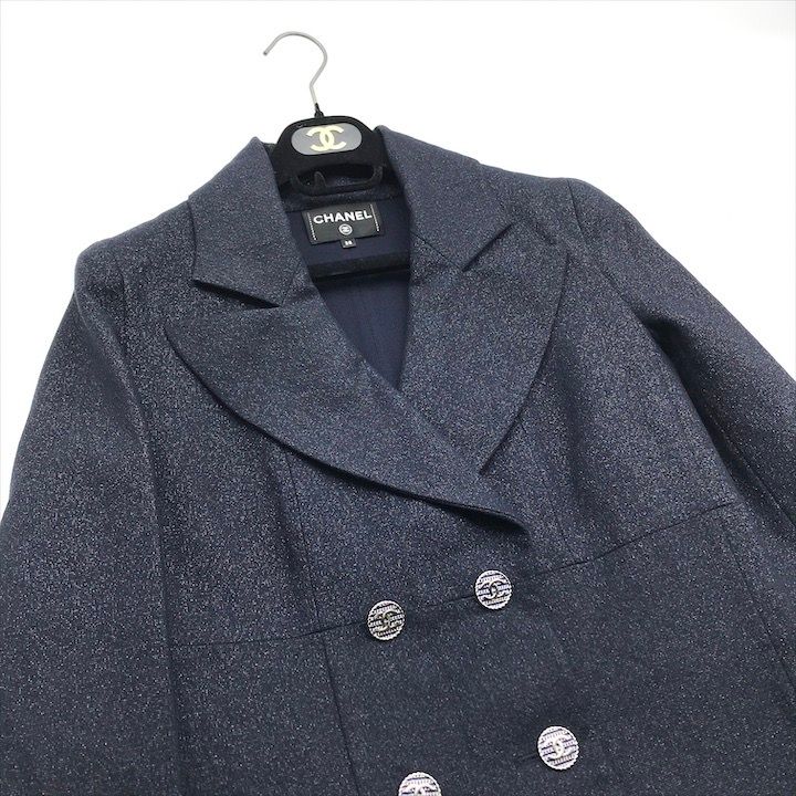 Chanel CC Logo Button Wool Lame Jacket Coat Navy
