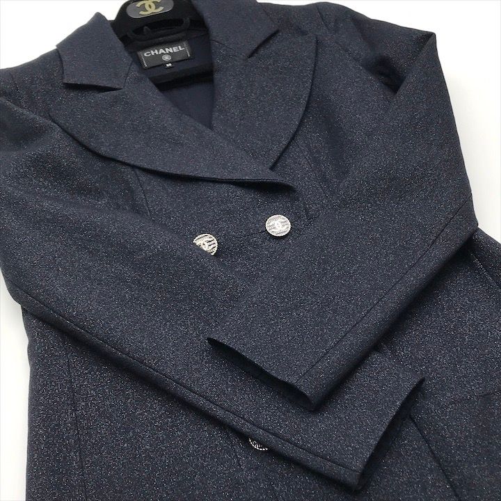 Chanel CC Logo Button Wool Lame Jacket Coat Navy