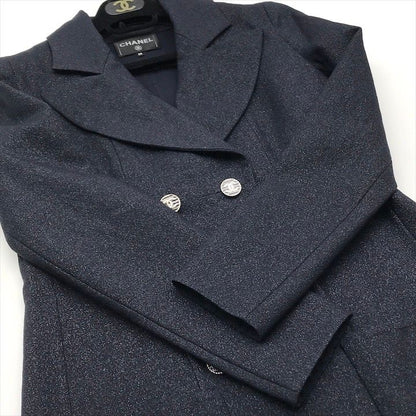 Chanel CC Logo Button Wool Lame Jacket Coat Navy