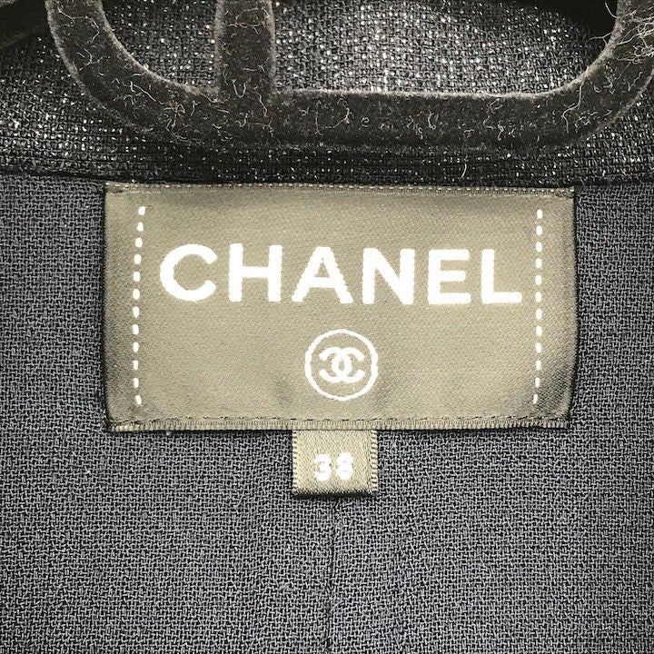 Chanel CC Logo Button Wool Lame Jacket Coat Navy