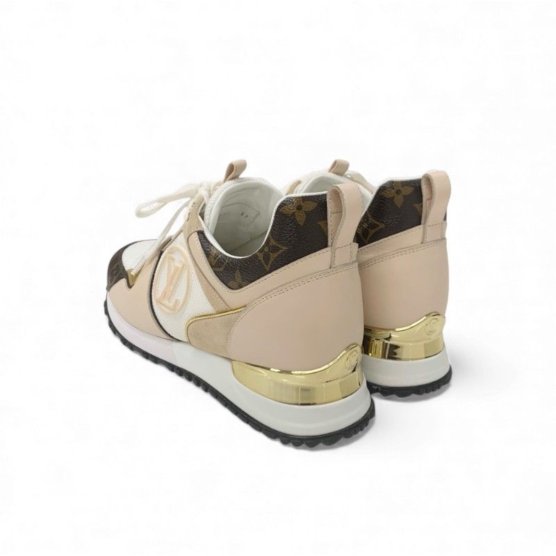 Louis Vuitton Run Away Line Monogram Sneakers Shoes Leather Mesh Pink Beige