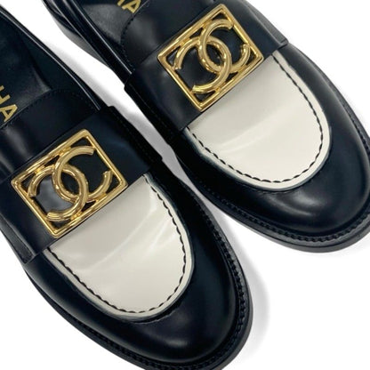 Chanel Loafers Shoes Leather Black White Gold Coco Mark Flat Shoes