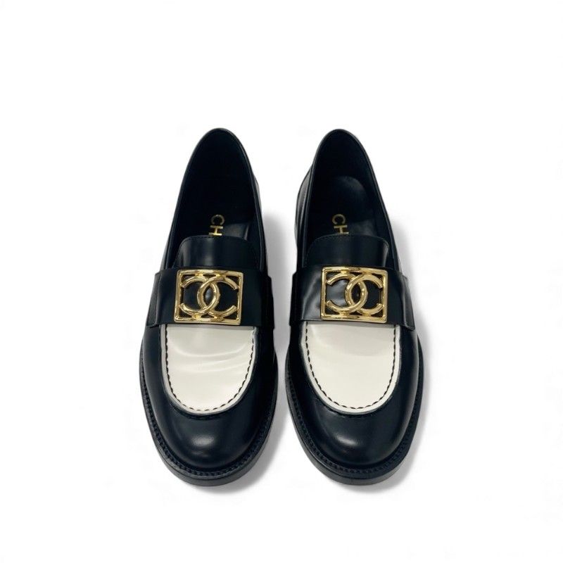 Chanel Loafers Shoes Leather Black White Gold Coco Mark Flat Shoes