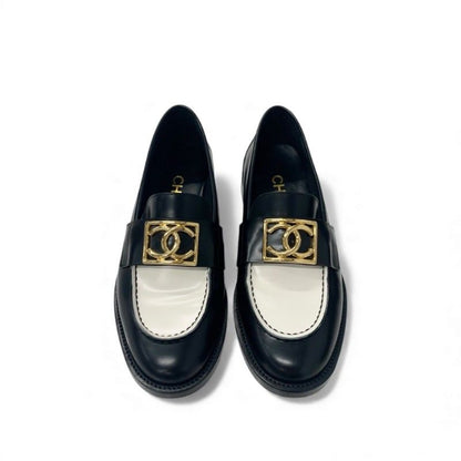 Chanel Loafers Shoes Leather Black White Gold Coco Mark Flat Shoes