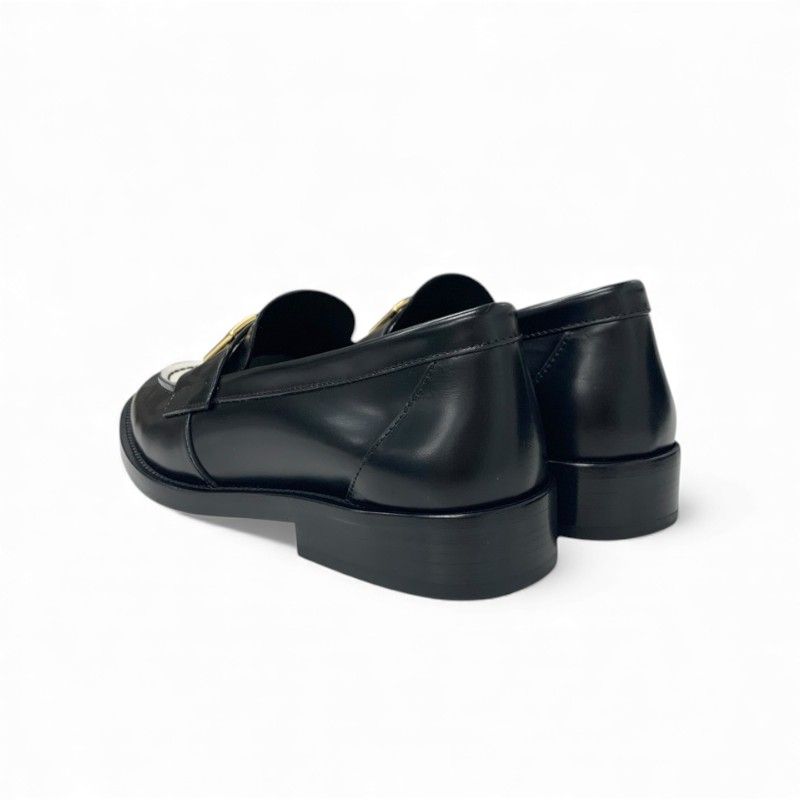 Chanel Loafers Shoes Leather Black White Gold Coco Mark Flat Shoes