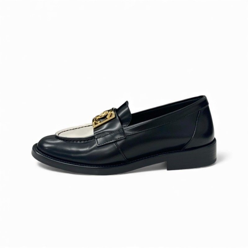 Chanel Loafers Shoes Leather Black White Gold Coco Mark Flat Shoes