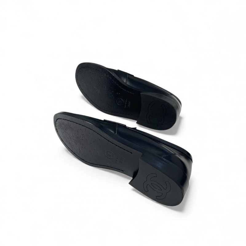 Chanel Loafers Shoes Leather Black White Gold Coco Mark Flat Shoes