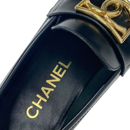 Chanel Loafers Shoes Leather Black White Gold Coco Mark Flat Shoes
