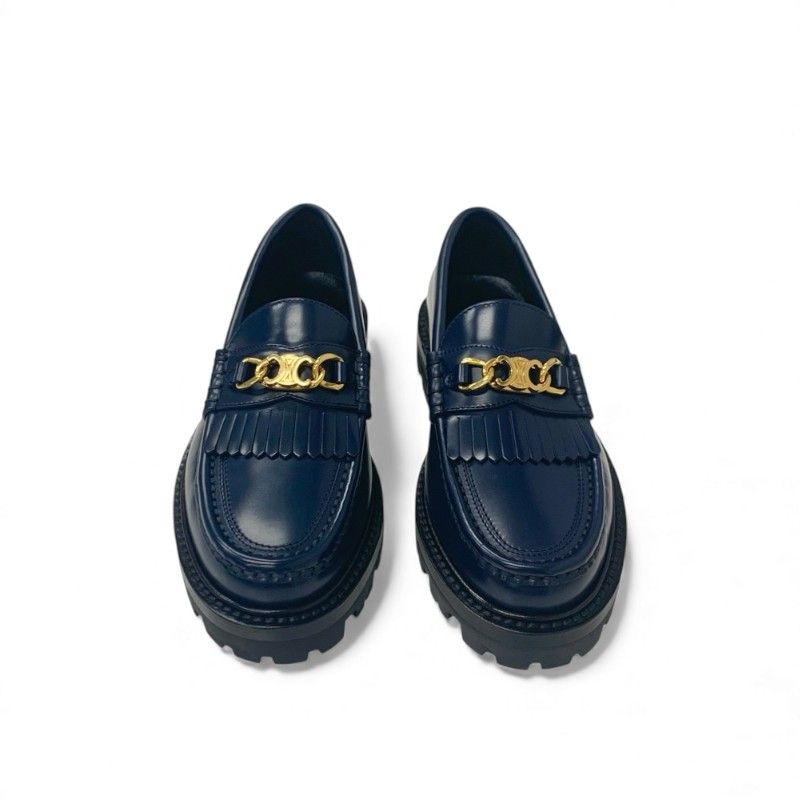 Celine Margaret Loafer Leather Shoes Leather Navy Gold Triomphe Flat Shoes
