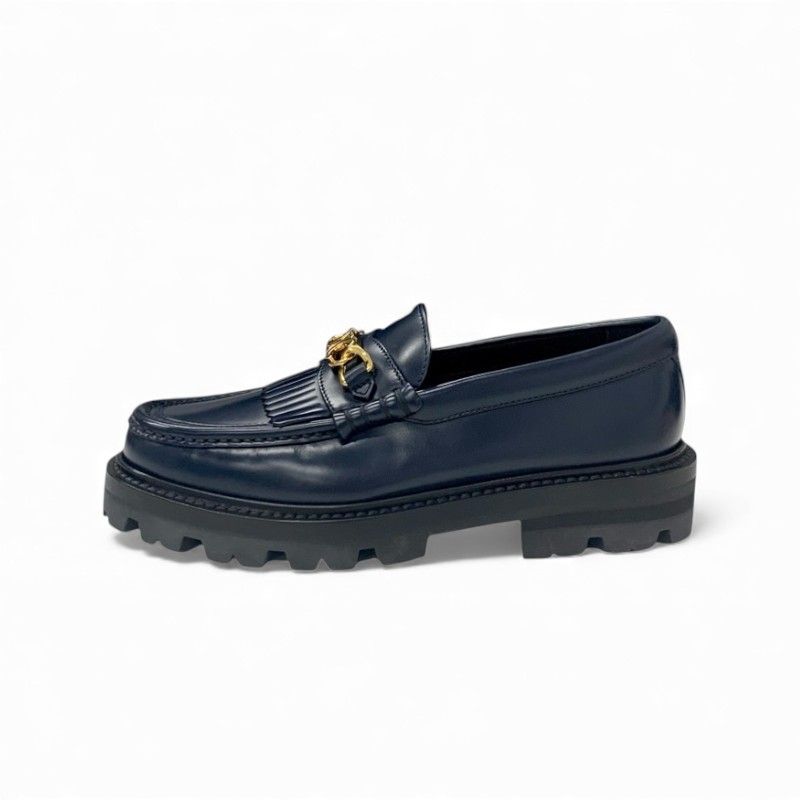 Celine Margaret Loafer Leather Shoes Leather Navy Gold Triomphe Flat Shoes