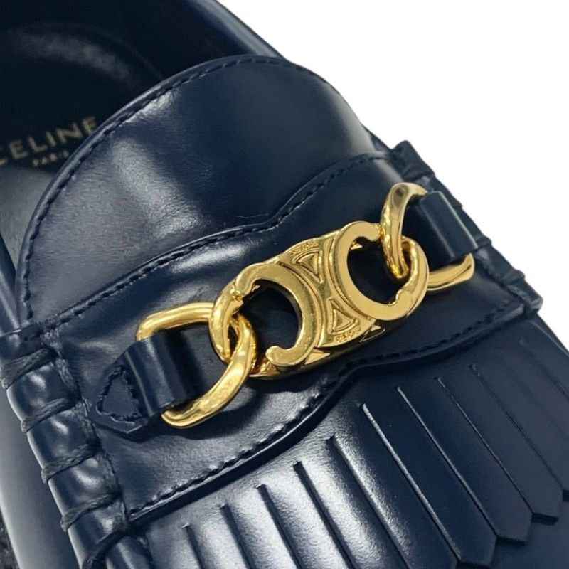 Celine Margaret Loafer Leather Shoes Leather Navy Gold Triomphe Flat Shoes