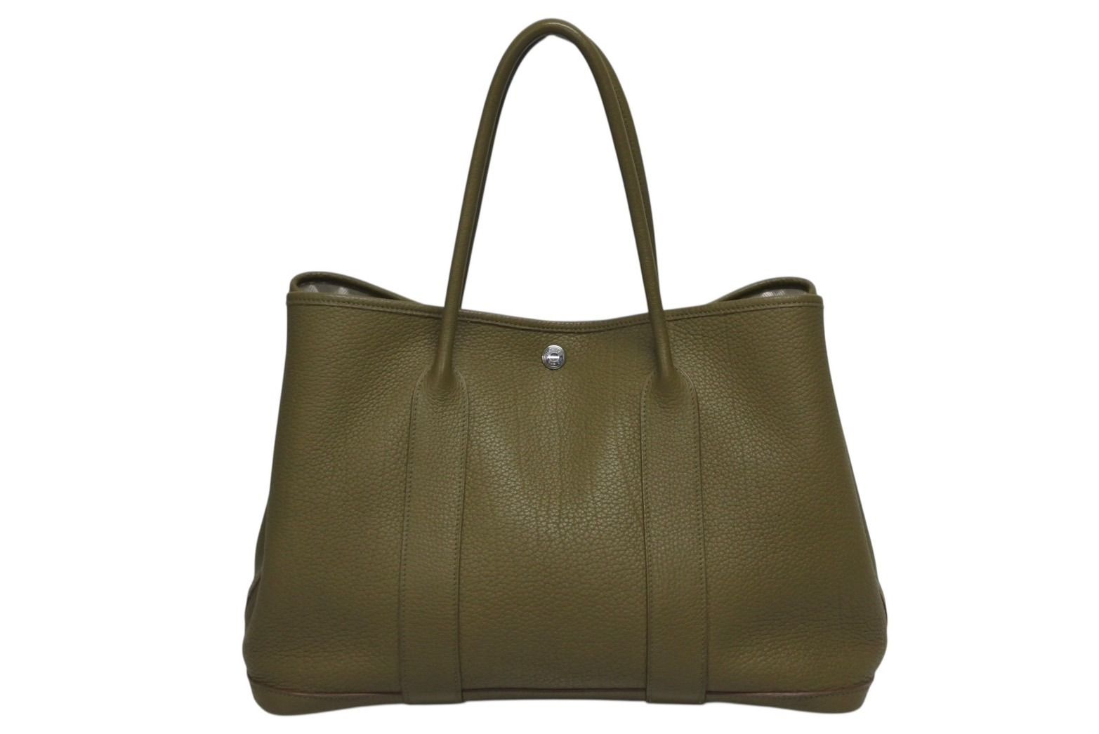 Hermes Garden Party PM Tote Bag Negonda Canvas Olive Green Silver