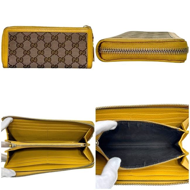 Gucci L-shaped Zipper Long Wallet Beige Yellow GG Canvas Bamboo