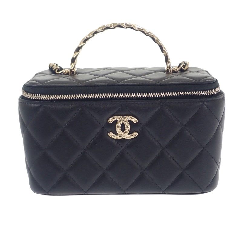 Chanel Top Handle Long Vanity Case 2-Way Bag Shoulder Lambskin Black