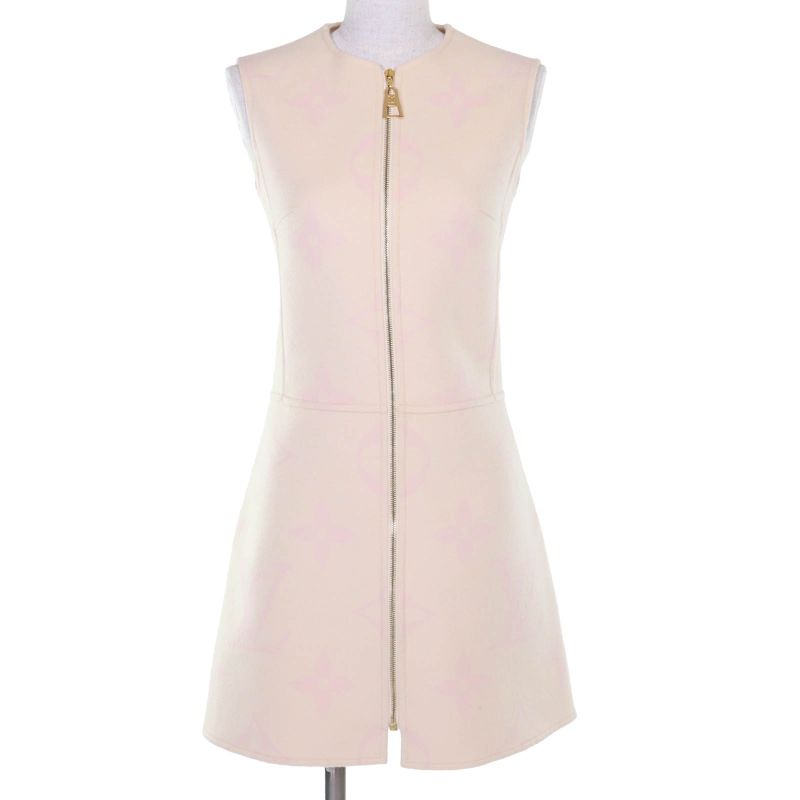 ◇louis Vuitton Fids06 Wool Silk Giant Monogram Front Zip Sleeveless Dress Ivory