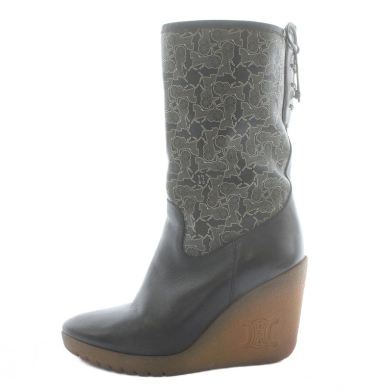 Celine Long Boots Leather Wedge Sole Carriage Pattern All Over Pattern Triomphe