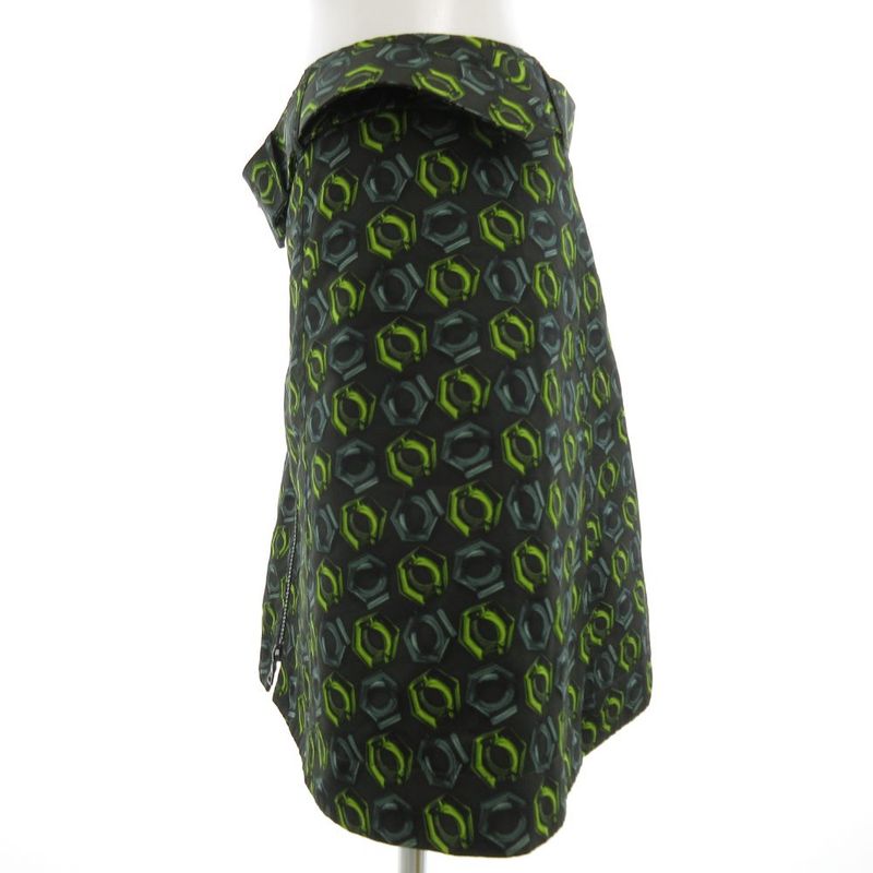 Prada Silk Skirt Knee Length Front Zip Up Belt All Over Pattern 38 Black Green