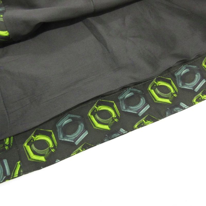 Prada Silk Skirt Knee Length Front Zip Up Belt All Over Pattern 38 Black Green