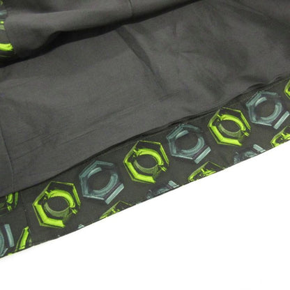 Prada Silk Skirt Knee Length Front Zip Up Belt All Over Pattern 38 Black Green
