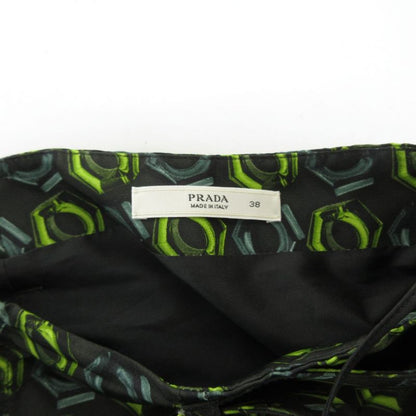 Prada Silk Skirt Knee Length Front Zip Up Belt All Over Pattern 38 Black Green