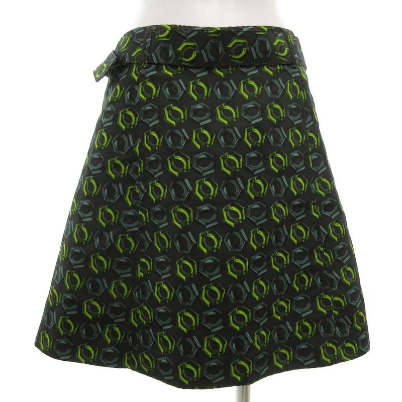 Prada Silk Skirt Knee Length Front Zip Up Belt All Over Pattern 38 Black Green