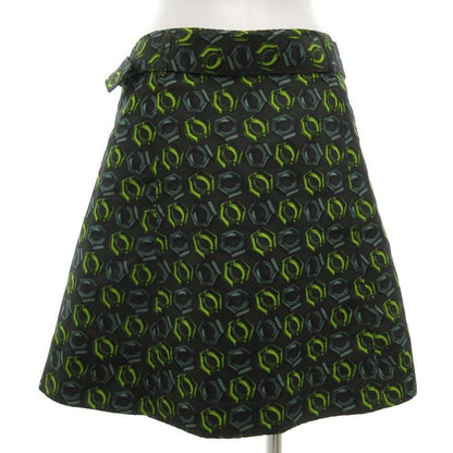 Prada Silk Skirt Knee Length Front Zip Up Belt All Over Pattern 38 Black Green