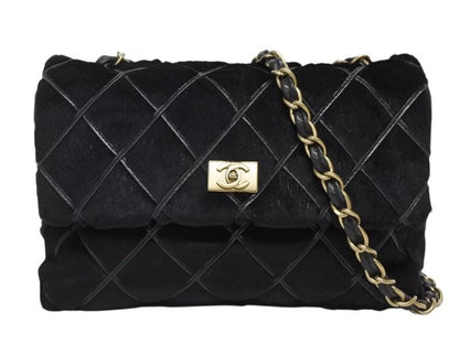 Chanel S Chain Shoulder Bag CC Logo Rabbit Fur Calf Hair Black Gold