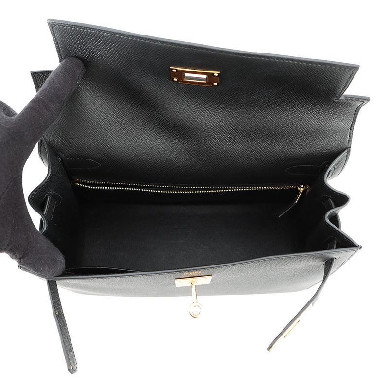 Hermes Handbag Kelly 28 Sellier Black Gold Epsom 2-Way
