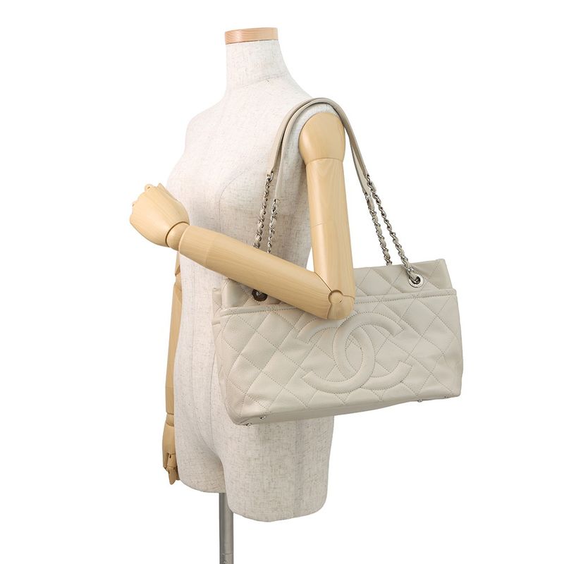 Chanel Chain Tote Quilted Big CC Logo Caviar Leather