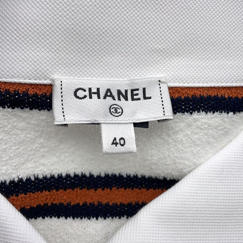 Chanel Polo Shirt Pullover Border 40 Top Sweater White Navybrown